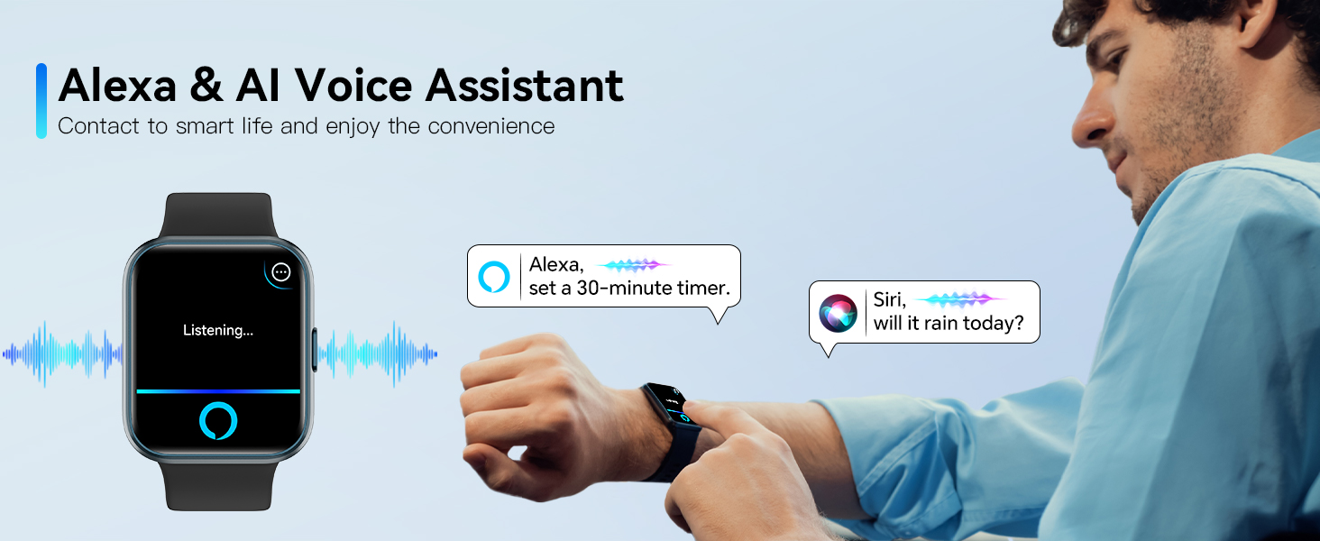 Text reads 'Alexa & AI Voice Assistant'. Duplicate of previous image showing smartwatch interface with voice command visualization.