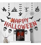 Pre-Strung Happy Halloween Banner, Skull Banner and 7 Hanging Garland for Halloween Decorations I...