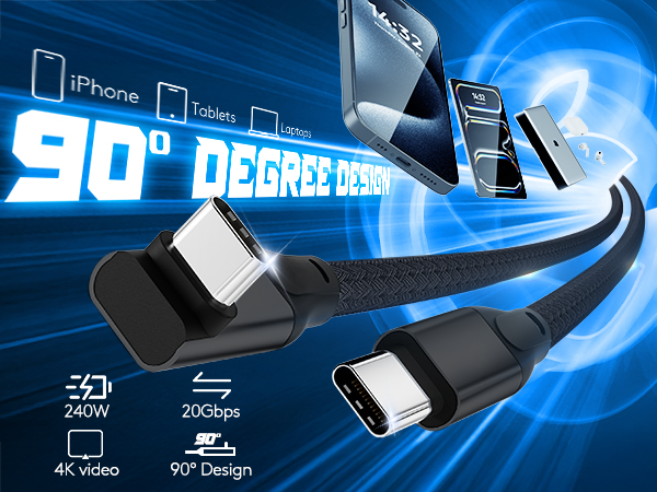 usb c 90 degree cable 20gbps 4k 5k@hz video monitor cable 240w fast charging 1 ft