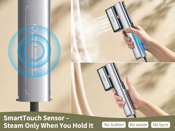 ELORTI green portable steamer for clothes with SmartTouch sensor, no button,easy to use, no burns