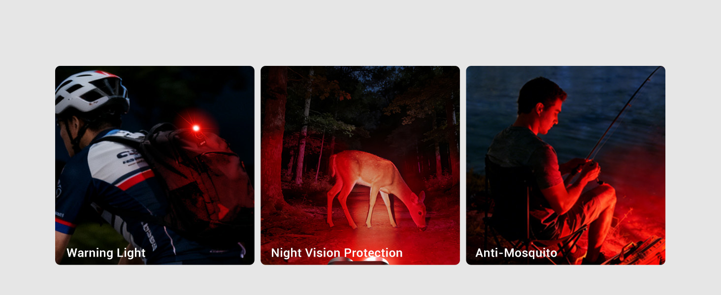 Red light—steady and flashing for warning, night vision, and mosquito reduction