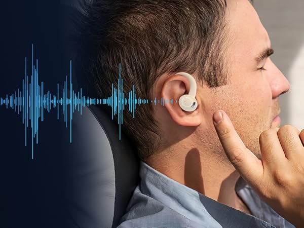 Man wearing a small in-ear device, with a blue sound wave graphic overlay. Image suggests audio or hearing-related product.