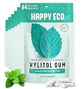 HAPPY ECO Sugar Free Natural Chewing Gum 6 Pack (84 Pieces) - Plastic Free, Xylitol Gum with Stev...