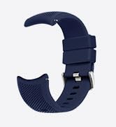 Navy blue textured watch strap with quick-release pins and multiple adjustment holes, featuring a buckle closure system.
