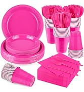 Aodaer 400 Pieces Hot Pink Party Supplies Disposable Dinnerware Set Include Plastic Plates Cups K...