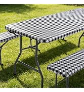 Jeloris Fitted Picnic Table Cover with Bench Covers, 6ft Waterproof Windproof Vinyl Tablecloth wi...