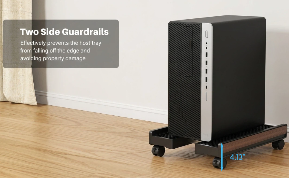 PC stand w/ side rails secures PC, prevents fall, sturdy mobile platform for home/office/gaming.