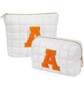 2PCS Initial Checkered Makeup Bag, Large Quilted Cosmetic Bag, Cute Make up Pouch for Purse, Trav...
