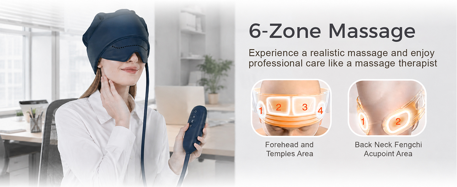Professional-grade head and eye massage wrap-around design that target 6 key zones across your head.