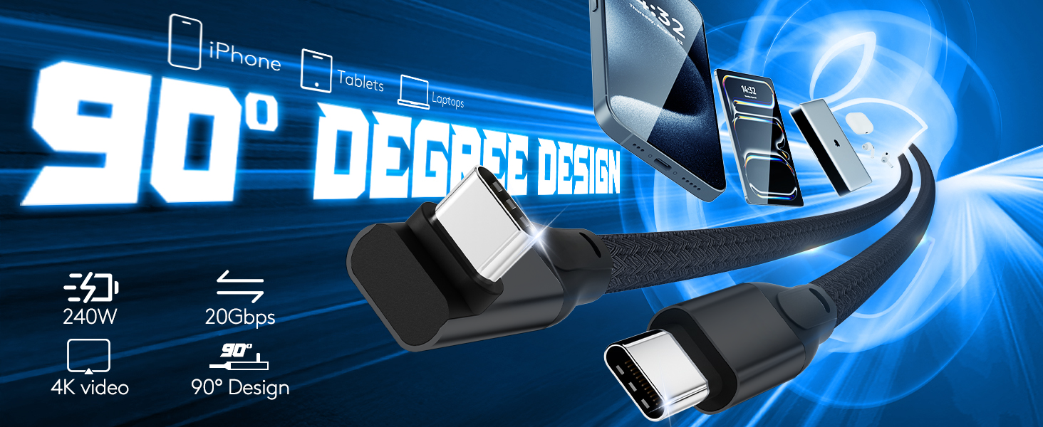usb c 90 degree cable 20gbps 4k 5k@hz video monitor cable 240w fast charging 1 ft