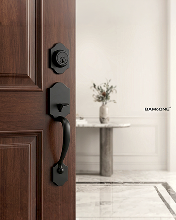 Matte black front door handle and deadbolt set on a residential entry door