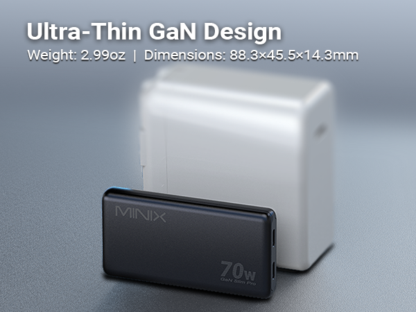 Text reads 'Ultra-Thin GaN Design', 'Weight: 2.95oz | Dimensions: 48.3×45.5×14.3mm'. White compact power adapter displayed next to black reference unit showing size comparison.
