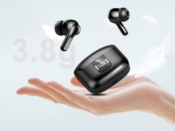 Black wireless earbuds with charging case floating above an open palm. Case features a compact design with matte finish.