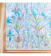 FINNEZ Window Privacy Film Stain Glass Film Flowers Rainbow Window Film Window Clings Non-Adhesiv...
