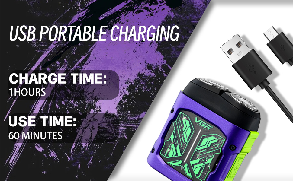 Text reads 'USB PORTABLE CHARGING' and 'CHARGE TIME: HOURS' and 'USE TIME:'. Product advertisement showing technical specifications with glowing green accents.