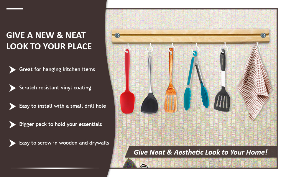 space saving hooks in kitchen. knife Spatula coffee tea cups hanging hooks under cabinet and shelf