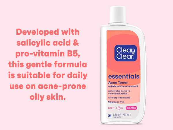 bottle of Clean & Clear Essentials Acne Toner on coral colored background, made with salicylic acid