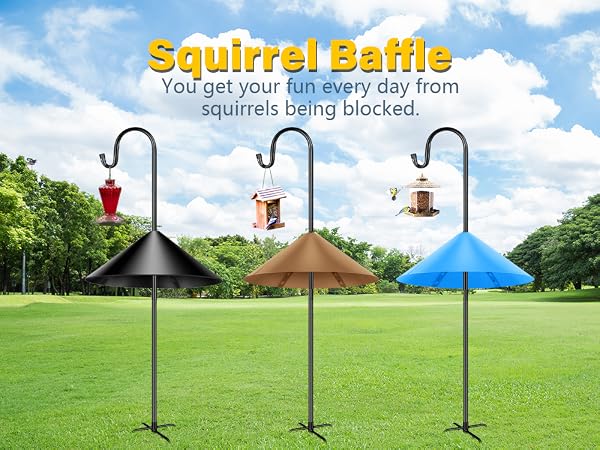 Different colors of baffles to match bird feeders