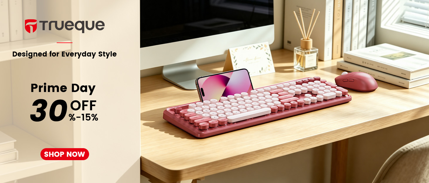 Trueque retro wireless keyboard and mouse with phone holder for Prime Day.