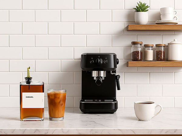 Labeled caramel coffee syrup dispenser next to iced coffee, espresso machine, and coffee cup