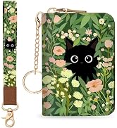 Blusabaca Credit Card Holder for Women, Black Cat Flower Small RFID Blocking Wallet with Wristlet...