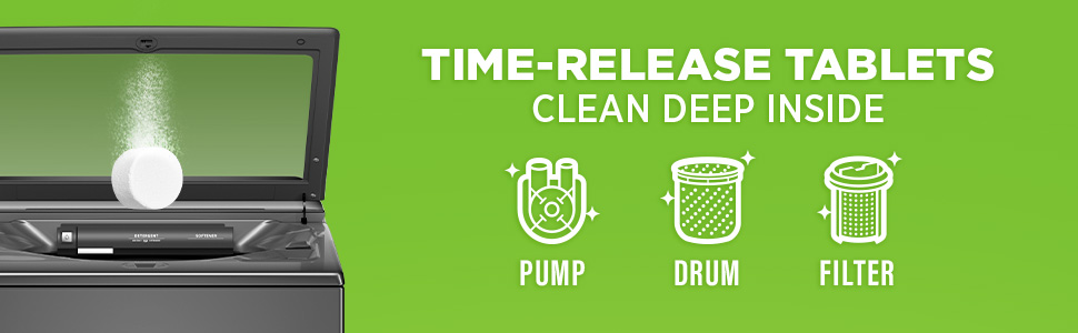 time-release tablets clean deep inside pump, drum and filter