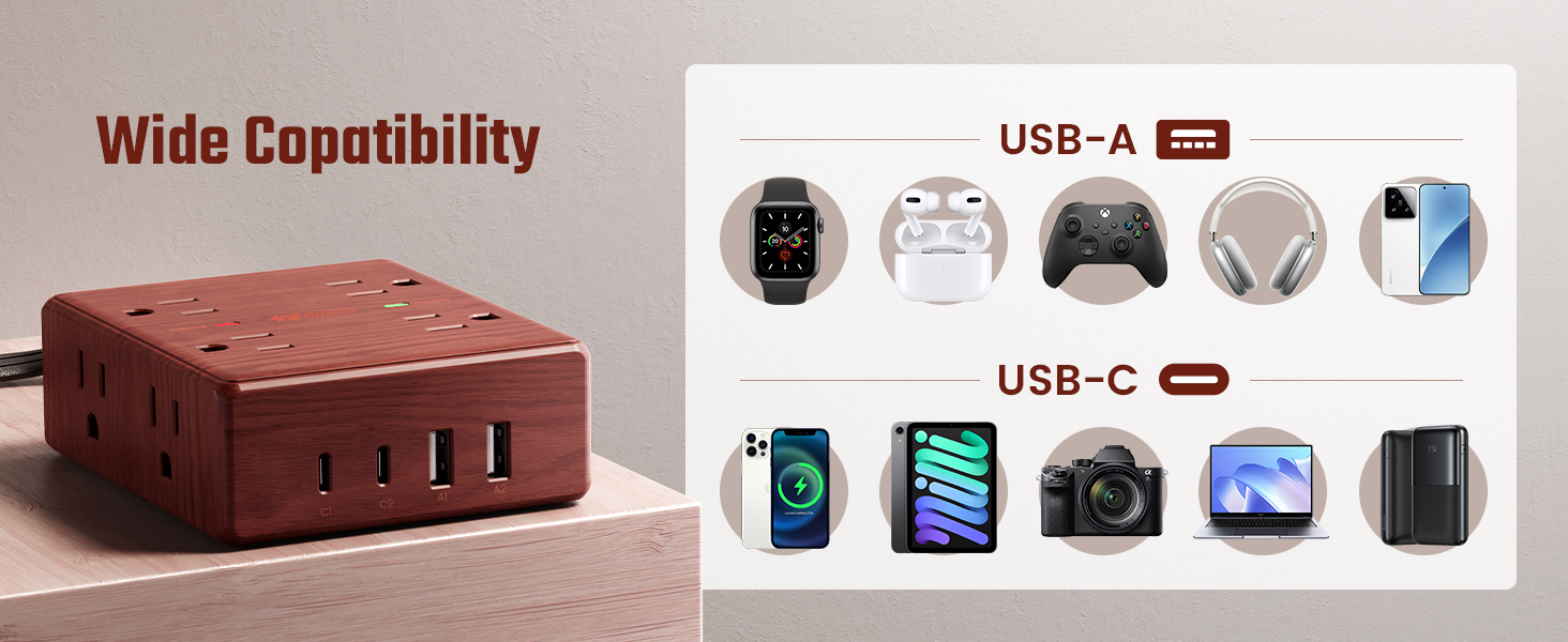 wood charging station desk extension cord