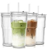 TUZAZO 20 Oz Ribbed Glass Tumblers with Lids and Straws - 4 Pack Reusable Glass Coffee Cups with ...