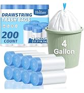 Huifany 4 Gallon 200 Count Drawstring White Unscented Small Trash Bags | Leakproof Tear-Free Garb...
