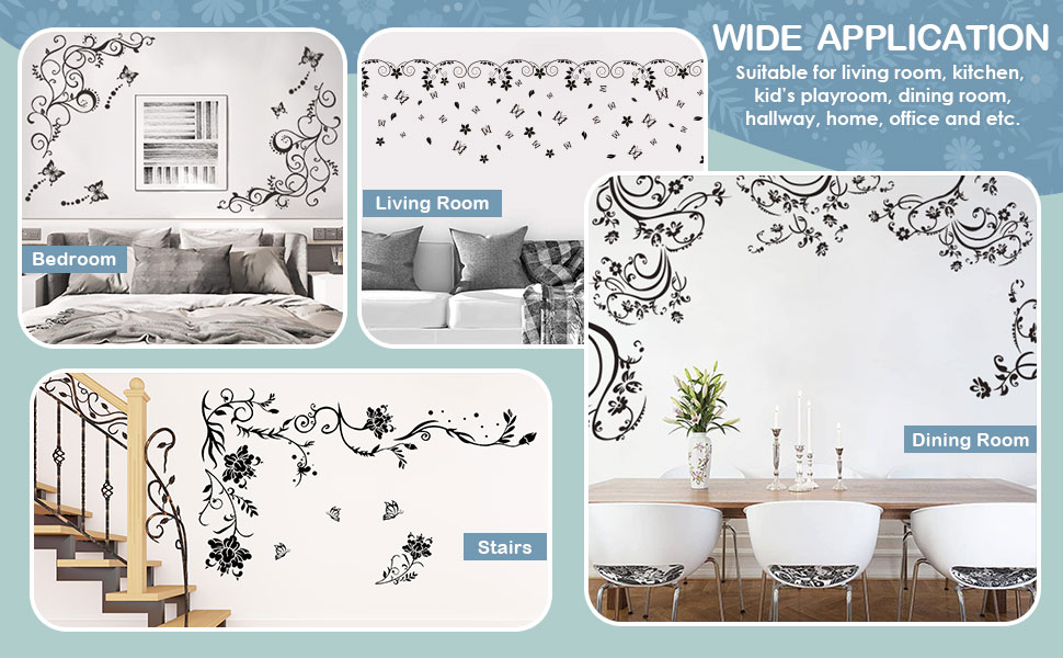 Flowers Vine Wall Decals Black Flower Wall Stickers Butterfly Floral Wall Decor