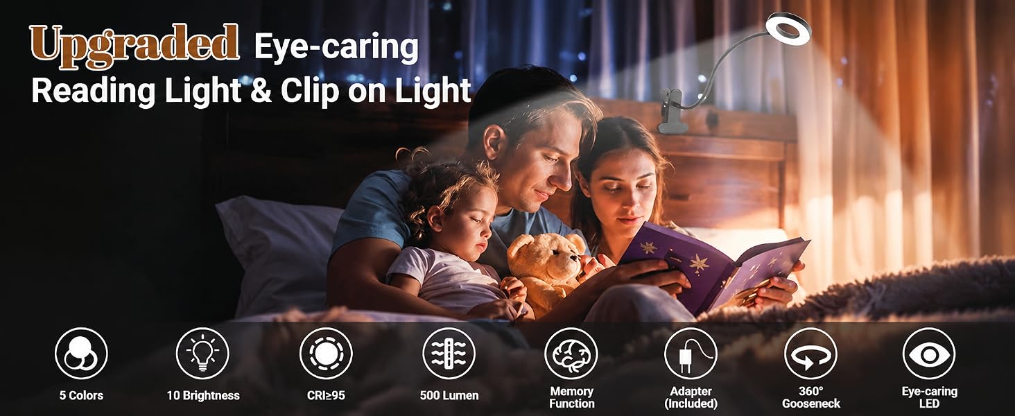 Text reads 'Eye-caring Reading Light & Clip on Light'. Warm-toned promotional image showing