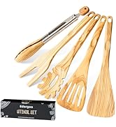 Edergoo Olive Wood Cooking Utensils Set, 5 PCS Wooden Spoons for Cooking Includes Stainless/Wood ...