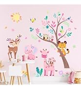 Supzone Jungle Animals Tree Wall Decals Pink Elephant Giraffe Wall Stickers for Kids Girls Bedroo...