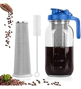 QHH Cold Brew Coffee Maker,64 oz Wide Mouth Mason Jar Pitcher with Stainless Steel Filter, Pour S...