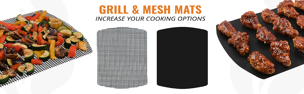 the grill mat helps cook foods more liquid in nature, the mesh helps cook smaller types of food