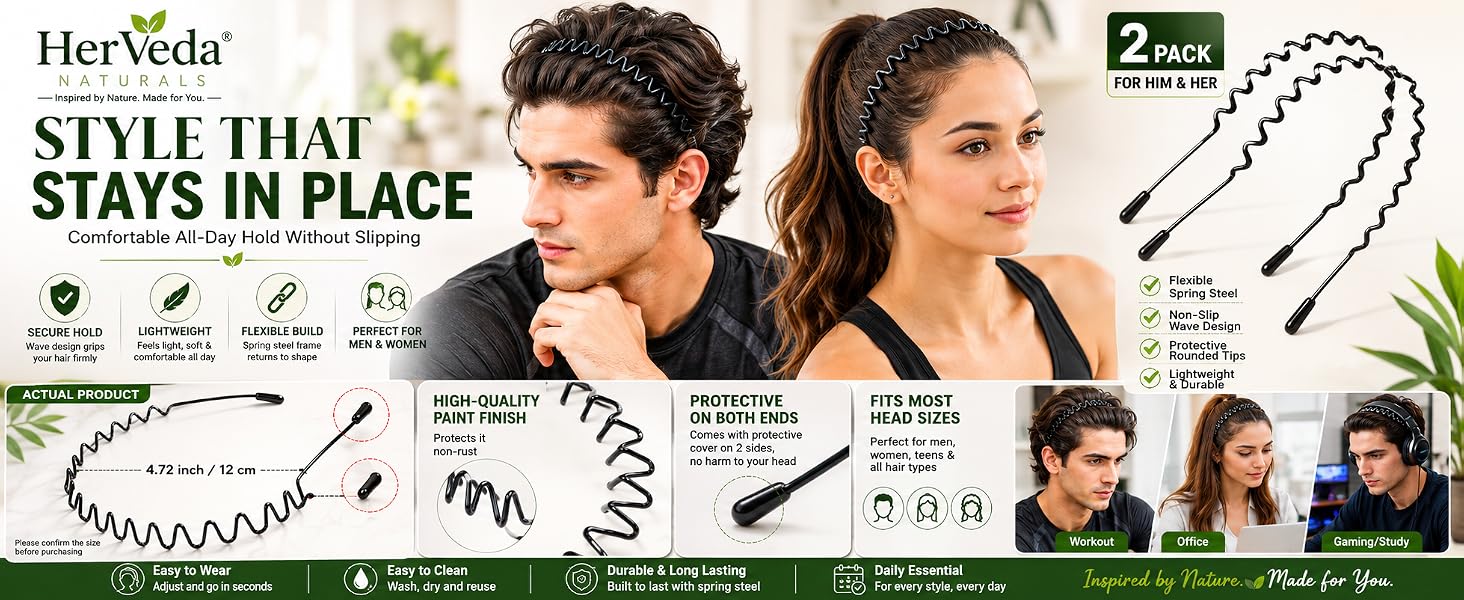 HerVeda unisex wave headband 2-pack showing 12cm size dimensions, paint finish, and protective ends