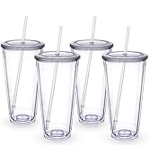 Zukro Clear Acrylic Tumbler with Straw and Lid 32 oz, Double Walled Insulated Reusable Plastic Ic...