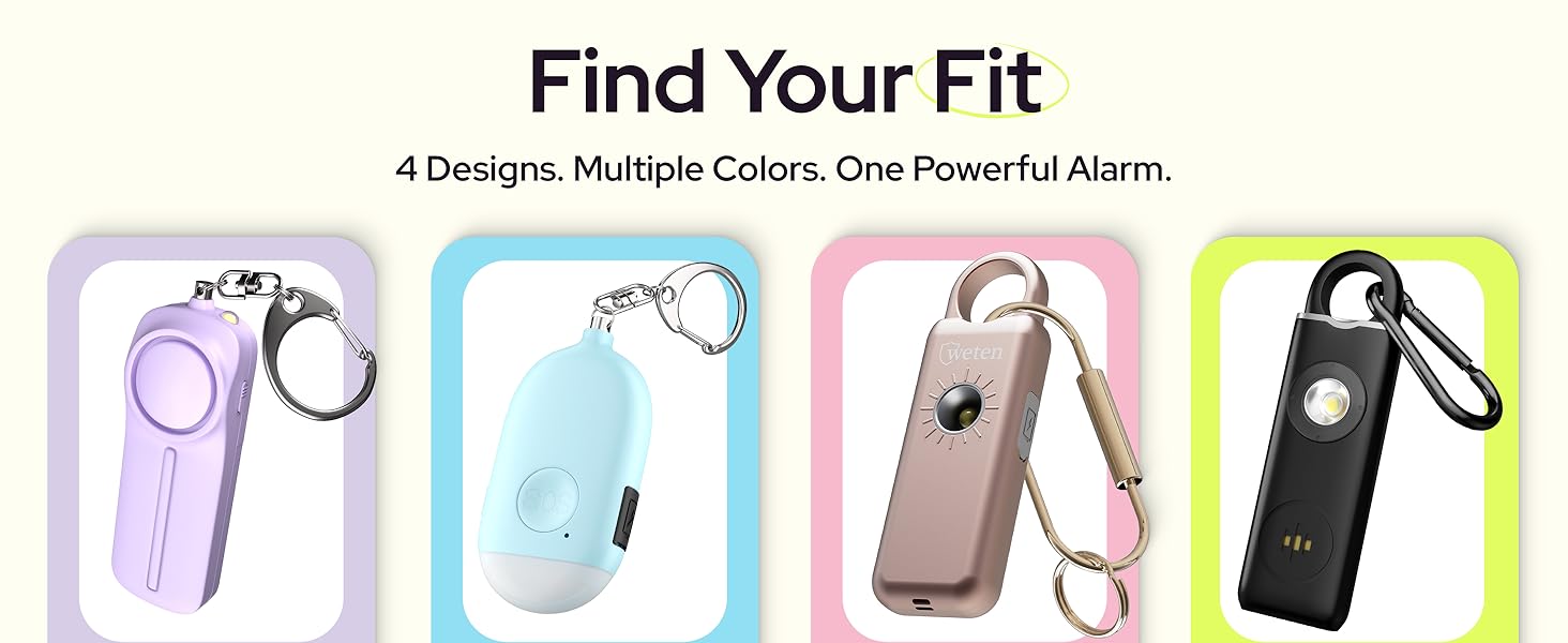 4 designs of the Weten personal safety alarms for women