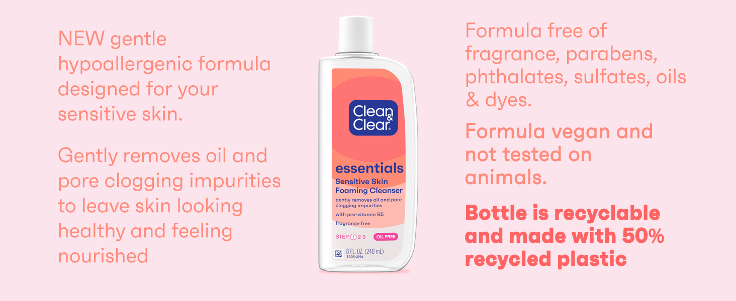 Clean & Clear Essentials Foaming Cleanser on pink background, bottle made from 50% recycled plastic