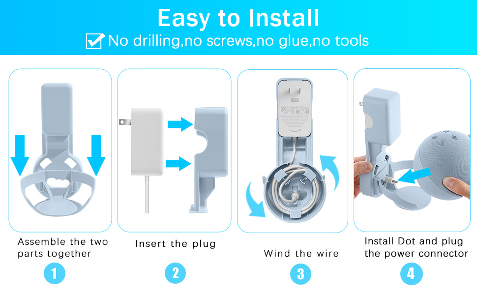 Installation guide for a device, showing four steps: assembling parts, inserting plug, wiring, and installing. Labeled 'Easy to install' with 'No drilling, no screws, no glue, no tools' text.