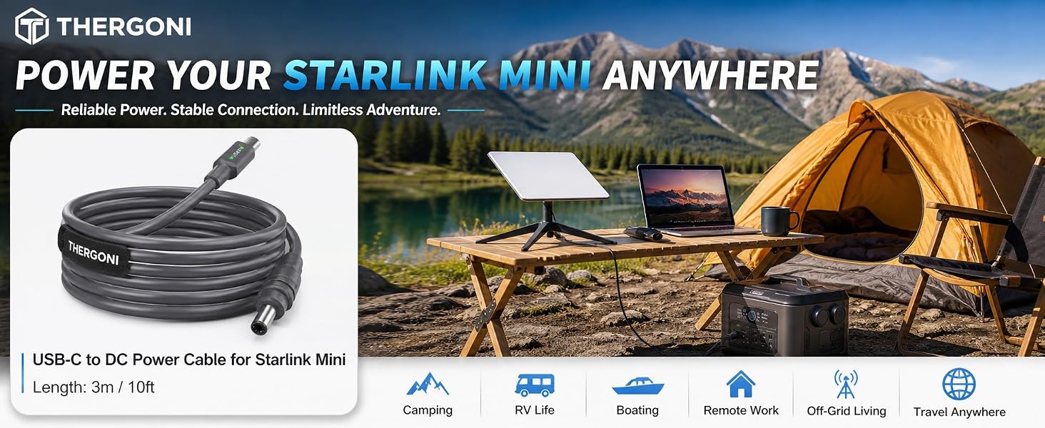 THERGONI 10ft USB-C to DC power cable for Starlink Mini used with portable power station