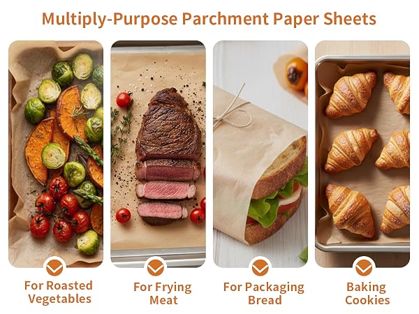 Text reads 'Multiply-Purpose Parchment Paper Sheets' with subheadings 'For Roasted Vegetables', 'For Frying Meat', 'For Packaging Bread', 'Baking Cookies'. Food preparation images showing various dishes on parchment paper.
