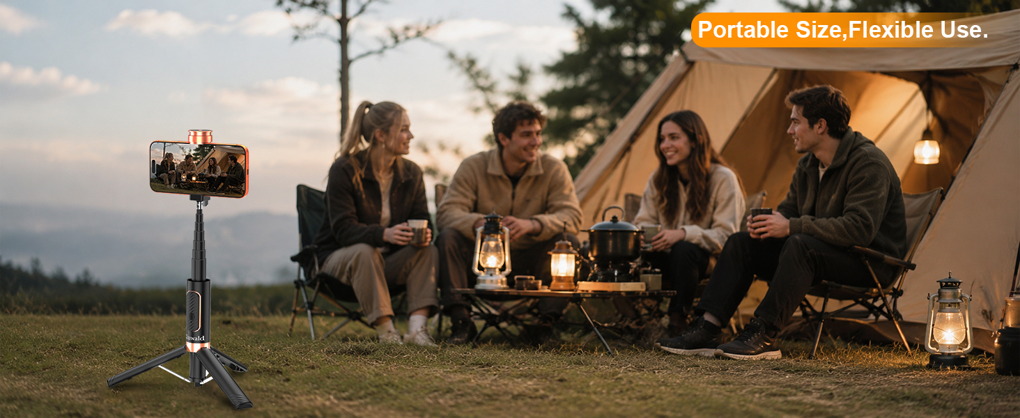 Portable selfie stick tripod for camping, travel, and outdoor group photos