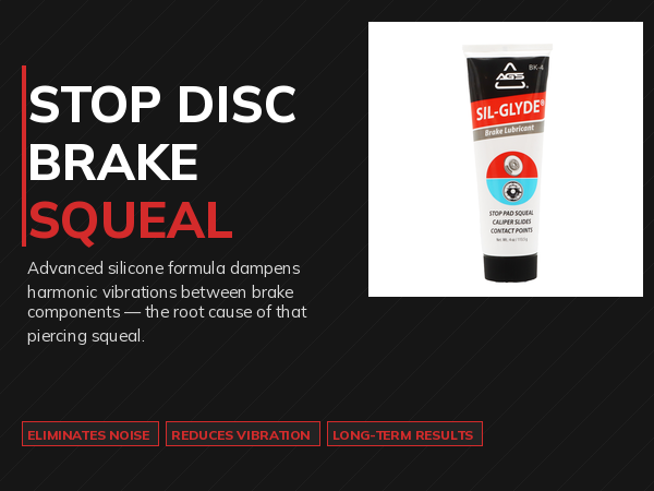 Sil-Glyde 4 oz brake lubricant tube with bold text: Stop Disc Brake Squeal on dark background.