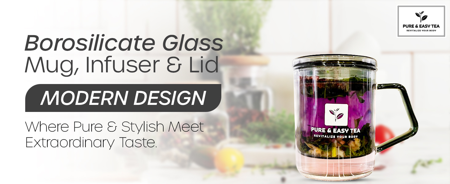 Borosilicate glass tea infuser mug brewing loose leaf tea with integrated glass filter
