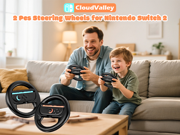 CloudValley steering wheel controllers for Nintendo Switch. Two black circular attachments with grips for Joy-Cons. Image shows adults and children using the product on a couch.