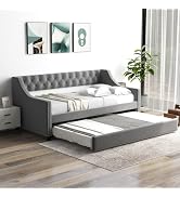 Giantex Upholstered Twin Daybed with Trundle, Modern Trundle Bed with Button Tufted Backrest and ...