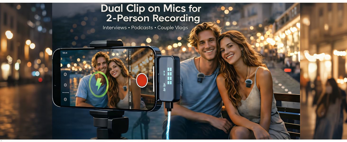 Dual wireless lapel microphones for 2-person smartphone vlogging, interviews, and podcasts