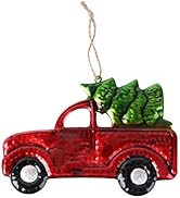 Christmas Pickup Truck Ornament Iron and Glass Pickup Truck Hanging Decoration Carrying Xmas Tree...