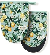 Lemon Yellow Floral Teal Mini Silicone Oven Mitts, Heat Slip Resistant Kitchen Gloves 2-Pack Set,...